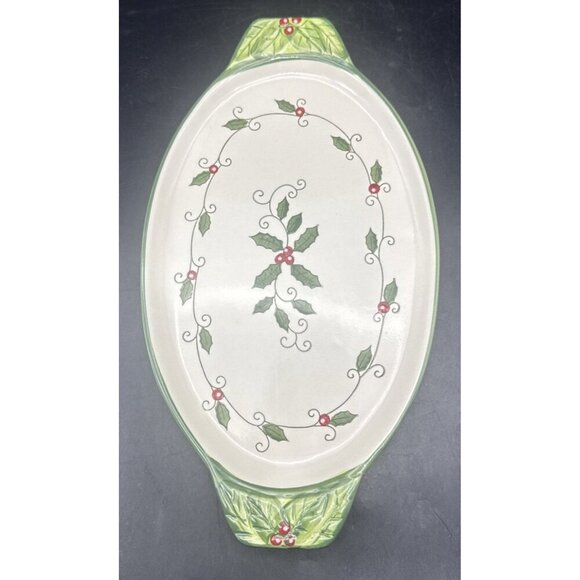 Temptations Tara Cardinal Ceramic Oval Serving Platter 13” Green Holly Christmas - Picture 2 of 6